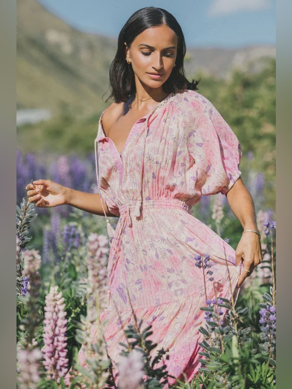 Spell & The Gypsy Mystic Pink Floral Metallic Tassel Boho Midi Dress S